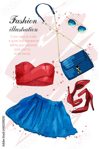 Fashion outfit. Stylish trendy clothing: dress, crop top, sunglasses, bag. Fashion summer girl clothes set, accessories. Woman's fashion look. Sketch. Vector illustration.