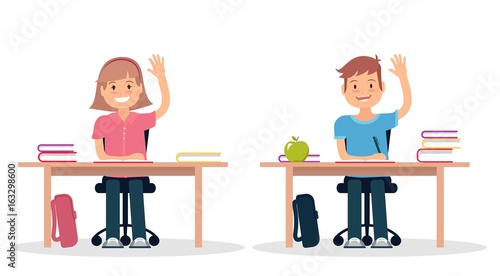 School children in classroom sitting at their desks and learning. Elementary school pupil raising hand. Vector illustration.