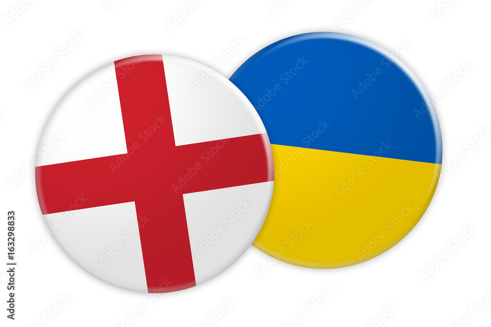 News Concept: England Flag Button On Ukraine Flag Button, 3d illustration on white background News Concept: England Flag Button On Ukraine Flag Button, 3d illustration on white background