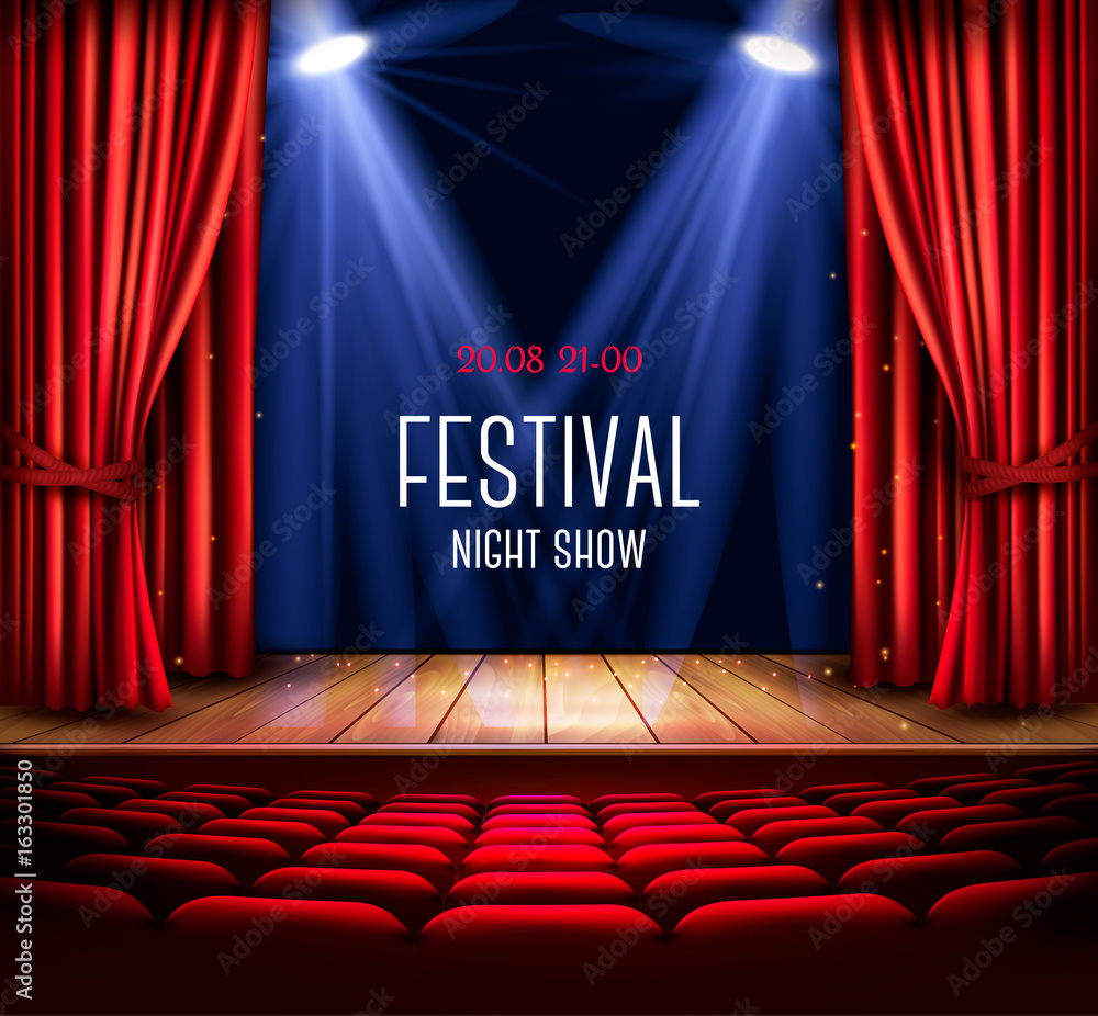 Fototapeta premium Scena teatralna z czerwoną kurtyną i reflektorem. Plakat pokazowy nocy festiwalu. Wektor.