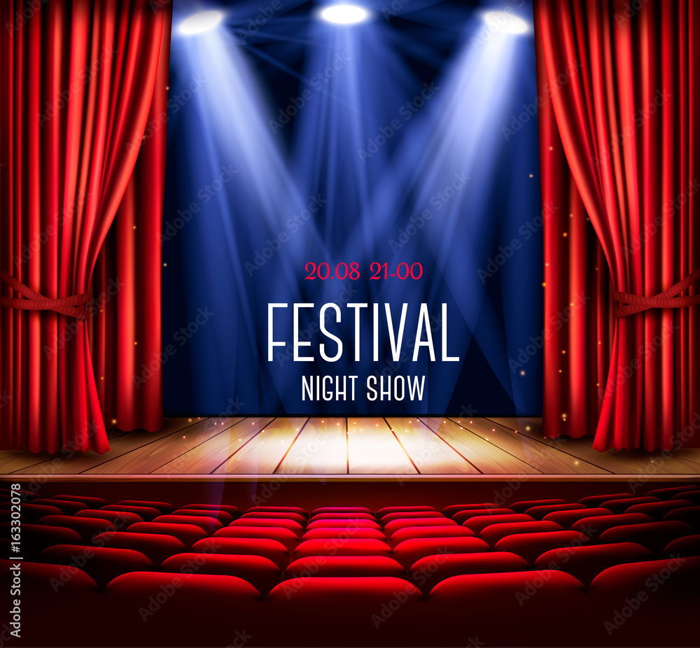 Naklejka premium Tło z czerwoną zasłoną i reflektorem. Plakat pokazowy nocy festiwalu. Wektor.