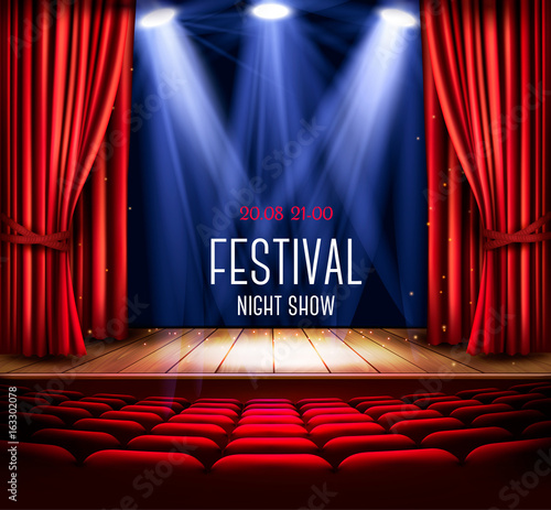 Background with a red curtain and a spotlight. Festival night show poster. Vector.