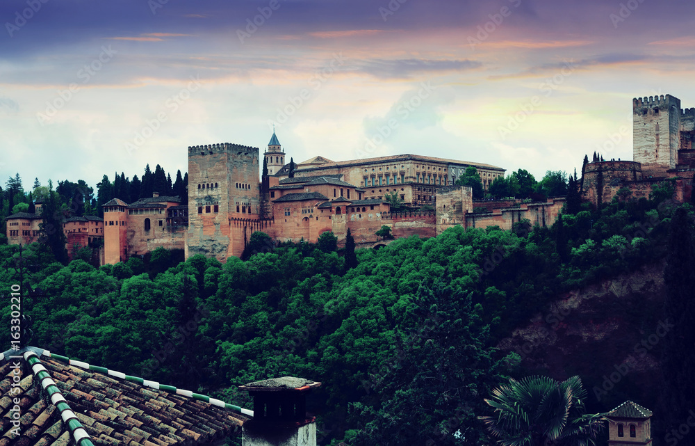 twilight view of the Nazaries palaces of Alhambra.  Granada