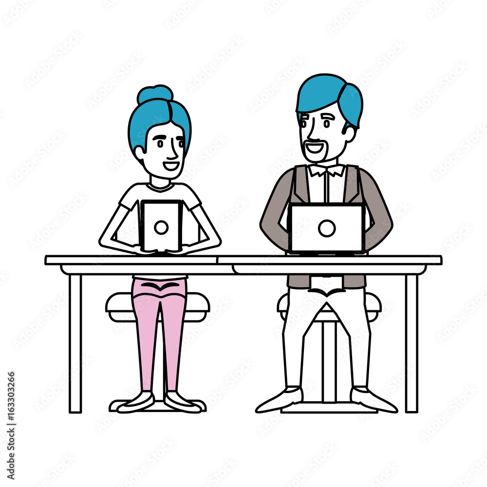 silhouette color sections of teamwork of woman and man sitting in desk with tech devices and her with collected hair and him in casual clothes with van dyke beard vector illustration