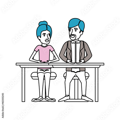 silhouette color sections of teamwork of woman and man sitting in desk and her with collected hair and him in casual clothes with van dyke beard vector illustration