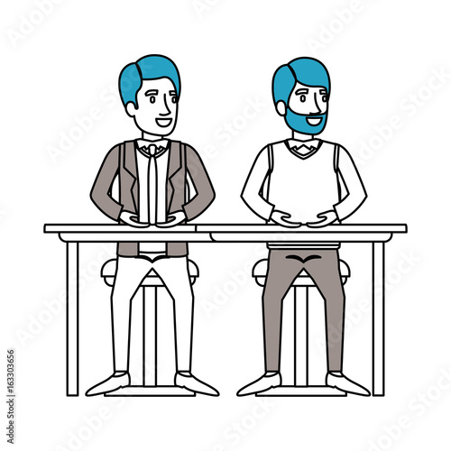 silhouette color sections of men sitting in desk one with casual clothes and beard and the other with formal suit and necktie vector illustration
