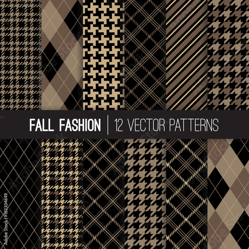 Fall Fashion Textile Patterns in Brown, Taupe Beige and Khaki. Traditional Formal Houndstooth Tweed, Tartan Plaid, Stripes and Argyle. Pattern Tile Swatches Included.