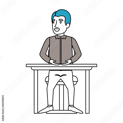 silhouette color sections of man in casual clothes and hair side parted and sitting in chair in desktop vector illustration