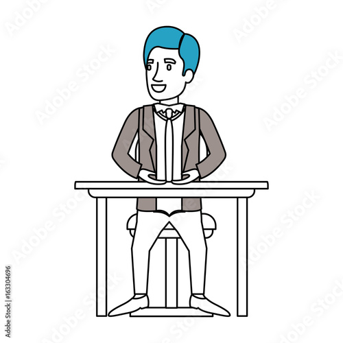 silhouette color sections of man in formal suit and hair side parted and sitting in chair in desktop vector illustration
