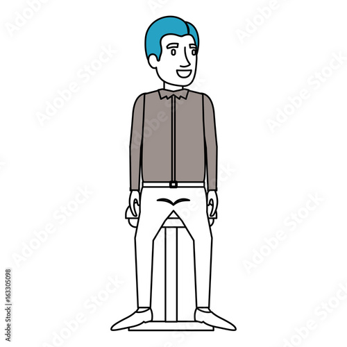 silhouette color sections of man in casual clothes and side parted hair and sitting in chair vector illustration