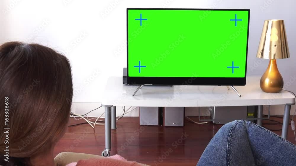 Green Screen Zoom Out Girl Watching Television Relaxed At Home. Young