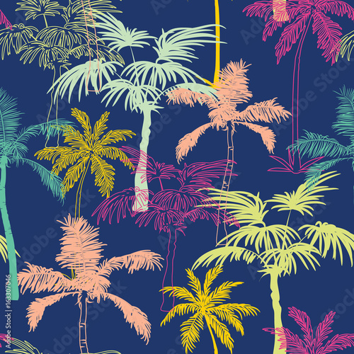 Vector Dark Blue Colorful Geometric Palm Trees Repeat Seamless Pattern Backgr...
