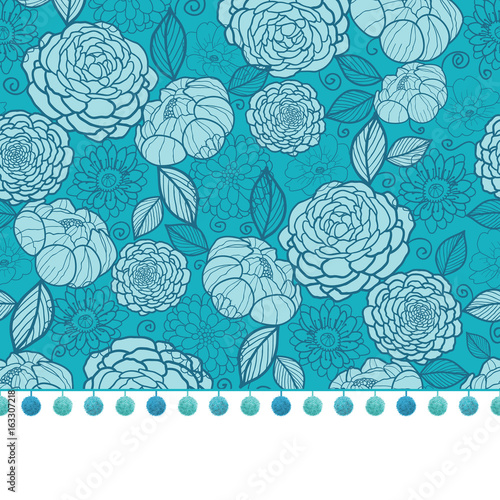 Vector pompom border trim on blue flowers seamless repeat pattern design background print. Perfect for clothing, fabric, home decor, wrapping projects.