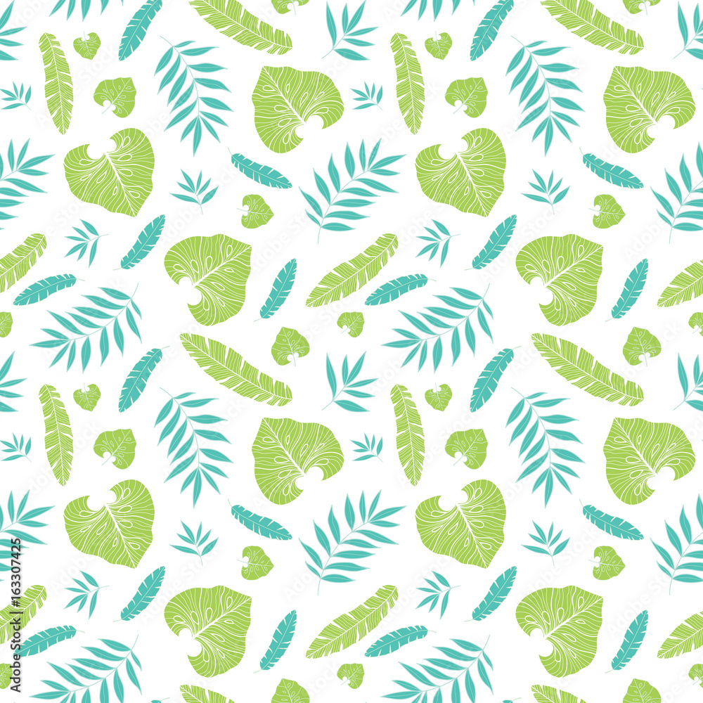 Vector light tropical summer hawaiian seamless pattern with tropical green plants and leaves on navy blue background. Great for vacation themed fabric, wallpaper, packaging.