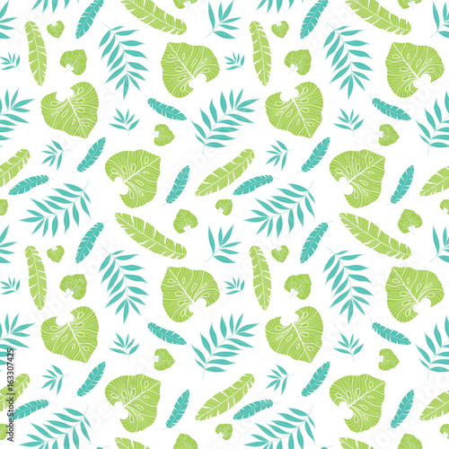 Vector light tropical summer hawaiian seamless pattern with tropical green pl...