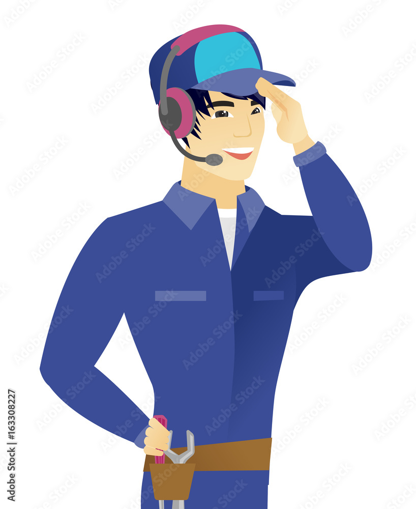 Young asian customer service operator in headset. Young asian customer service operator in headset.
