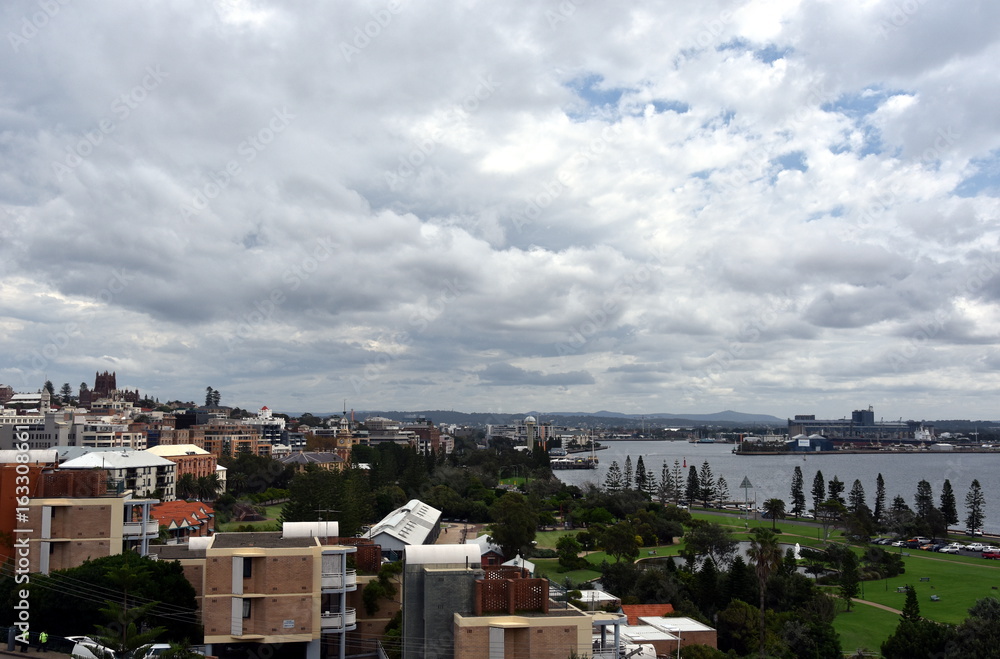 Panoramic view of Newcastle from Fort Scratchley (NSW, Australia). Christ Church Cathedral in the background on the left side, Hunter River on the right side.