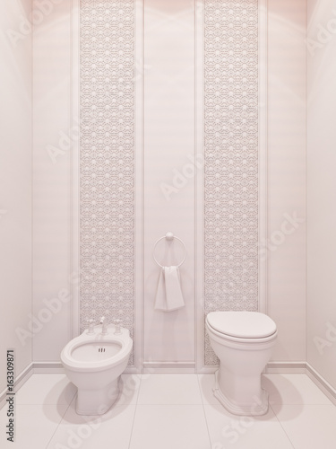 3d illustration bathroom interior design of a hotel room in a traditional Islamic style. Beautiful deluxe room background interior view decorated with arabian motifs. Render in white without textures