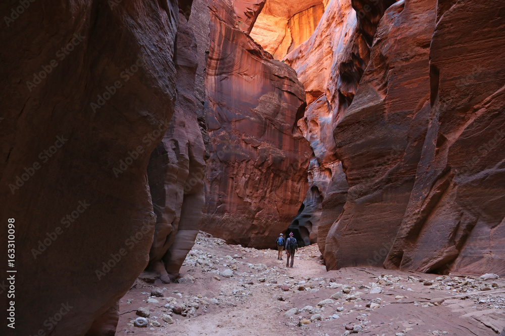 Two hikers dwarfed by Buckskin Gulch, located in southern Utah, it is one of the longest slot canyons in the world.. Two hikers dwarfed by Buckskin Gulch, located in southern Utah, it is one of the longest slot canyons in the world..