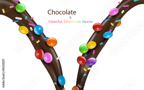 Colorful chocolate beans and sauce