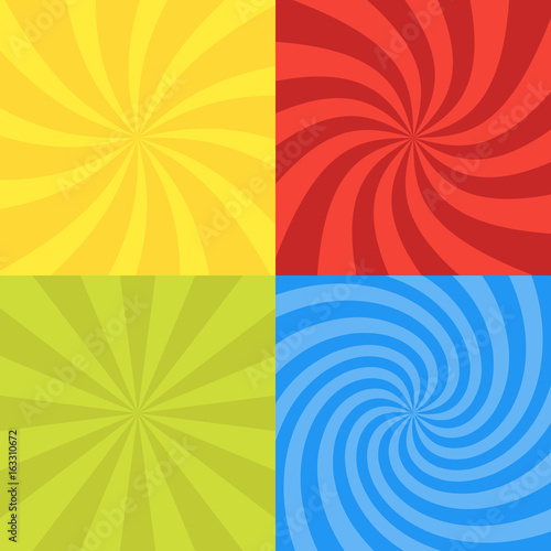 Vector illustration for swirl design. Swirling radial pattern background set. Vortex starburst spiral twirl square. Helix rotation rays. Converging psychedelic scalable stripes. Fun sun light beams