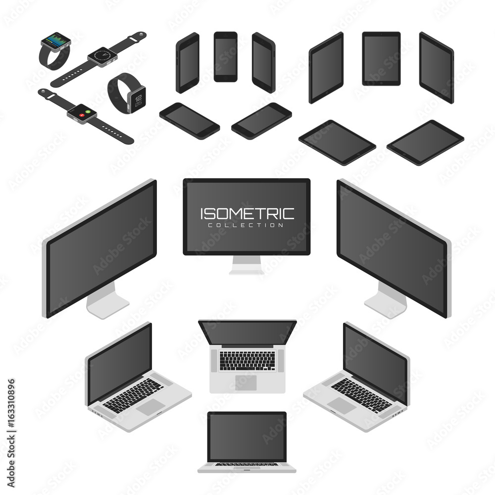 Set of Mobile phone, smart watch, tablet, laptop, computer from four sides icon set vector graphic illustration. Isometric view of the front, back, right, left and top Set of Mobile phone, smart watch, tablet, laptop, computer from four sides icon set vector graphic illustration. Isometric view of the front, back, right, left and top