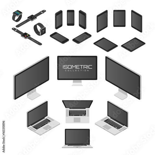 Set of Mobile phone, smart watch, tablet, laptop, computer from four sides icon set vector graphic illustration. Isometric view of the front, back, right, left and top