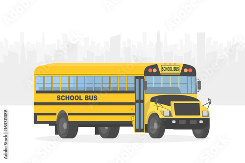 Vector yellow school bus on white city background