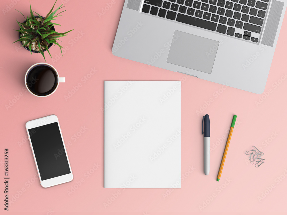 Modern office desk workplace with notebook, coffee cup, blank paper, pen and smartphone copy space on color background. Top view. Flat lay style. Modern office desk workplace with notebook, coffee cup, blank paper, pen and smartphone copy space on color background. Top view. Flat lay style.