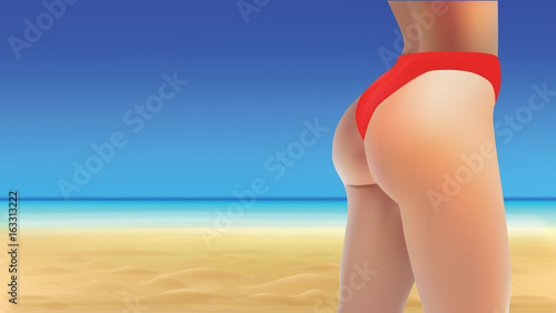 Perfect woman ass and legs in pink panties on a beach background seaside view, vector eps10 illustration