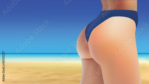 Perfect woman ass and legs in blue panties on a beach background seaside view, vector eps10 illustration