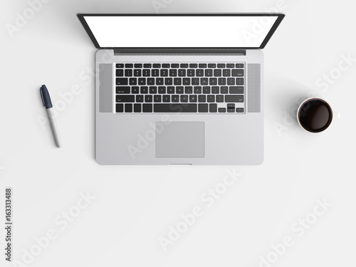 Modern workspace with notebook or laptop, pen and coffee cup copy space on color background. Top view. Flat lay style.