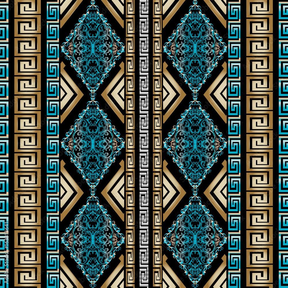 Striped geometric seamless pattern with vertical gold and blue 3d greek key  and vintage baroque damask ornaments. Modern black vector background  wallpaper with versace antique ornamental gold stripes Stock Vector | Adobe