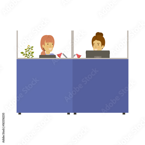 silhouette color cubicles workplace office with young lady and elderly woman employees vector illustration