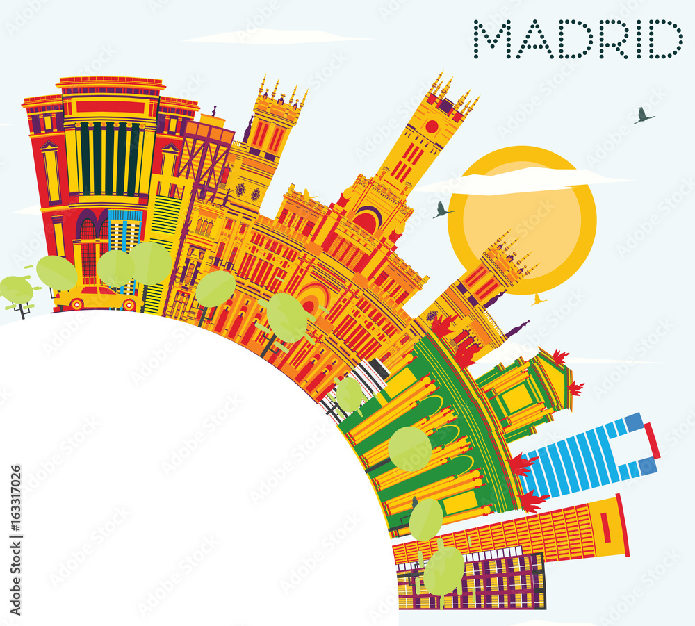 Madrid Skyline with Color Buildings, Blue Sky and Copy Space.