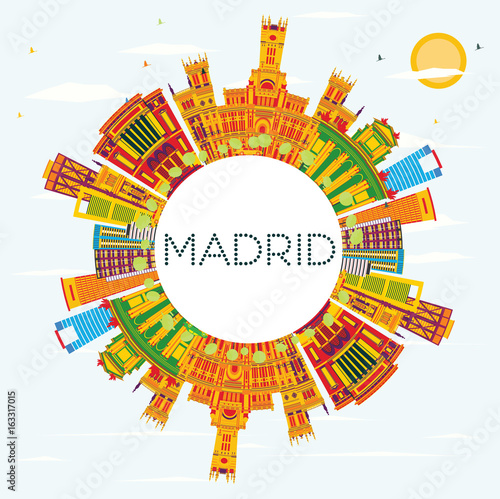 Madrid Skyline with Color Buildings, Blue Sky and Copy Space.