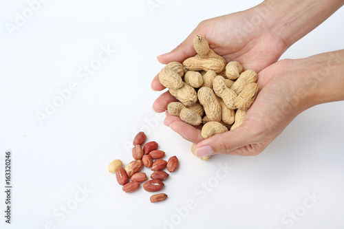 Hands holding peanuts in the shell and peanut on white against white background.