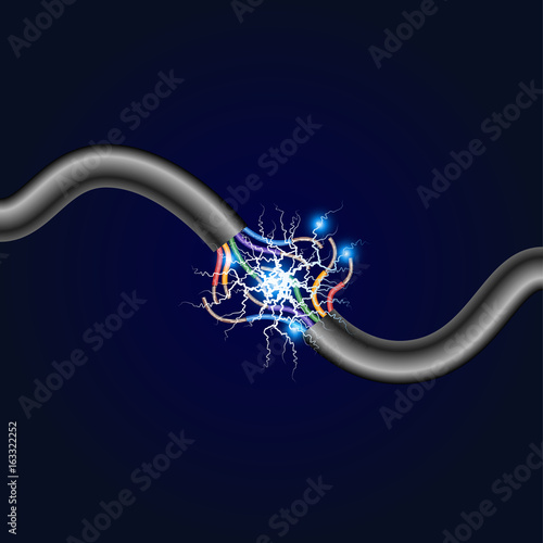 Electric cable break with electric spark. Vector illustration.