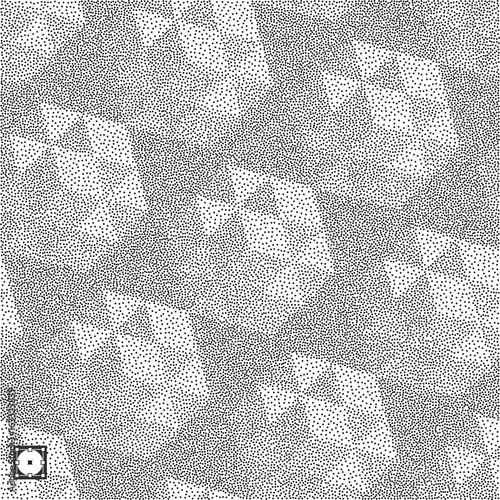 Honeycomb background. 3D mosaic. Black and white grainy design. Pointillism pattern. Stippling effect. Vector illustration.