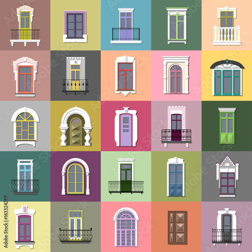 Vector set of flat vintage different decorative doors, windows, balconies on colorful squares.