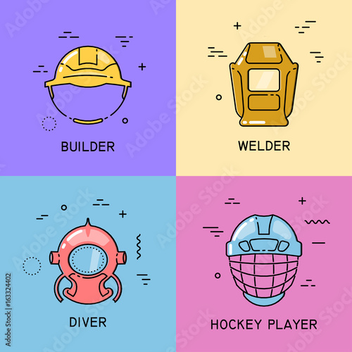 Vector set of flat line icons with shift fill of helmets of builder, welder, diver, hockey player on colorful background.