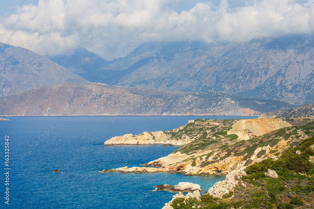 Beautiful greek seascape at sunny day. Place of north Crete, east of Agios Nikolaos