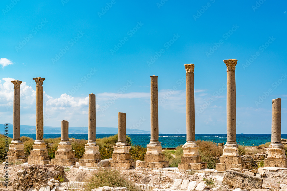 Al Mina archaeological site in Tyre, Lebanon. It is located about 80 km south of Beirut and has led to its designation as a UNESCO World Heritage Site in 1984.