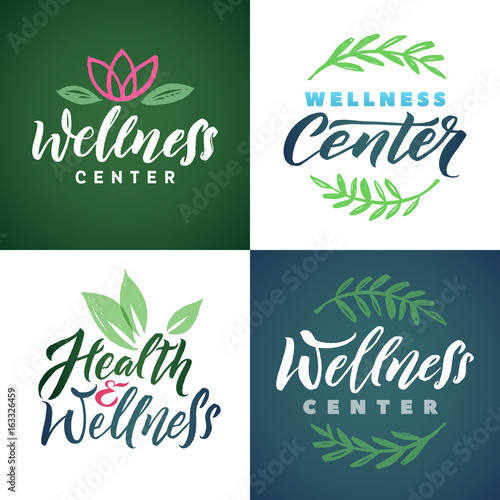 Wellness Center Vector Logo Set. Green Leaves Illustration. Brand Lettering.