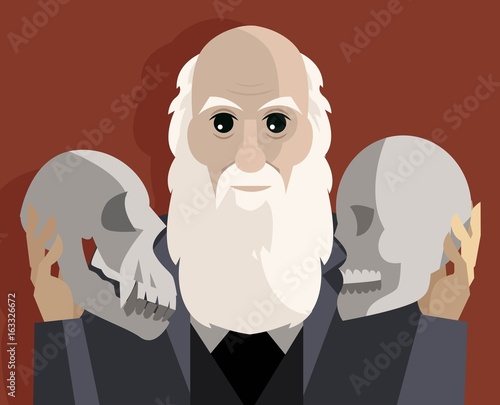 Photo great biologist with two skulls thinking about theory of evolution