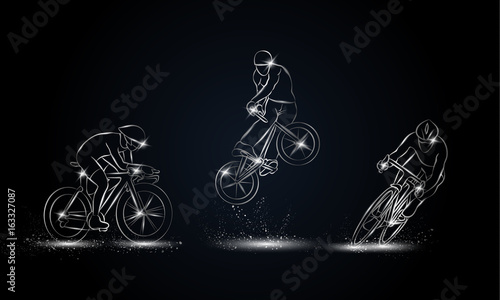 Cyclist and bicycle sport set. Metallic linear Cycling race illustration for sport banner, background and flyer.