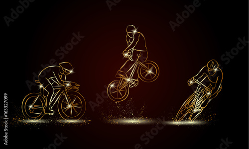 Cyclist and bicycle sport set. Golden linear Cycling race illustration for sport banner, background and flyer.