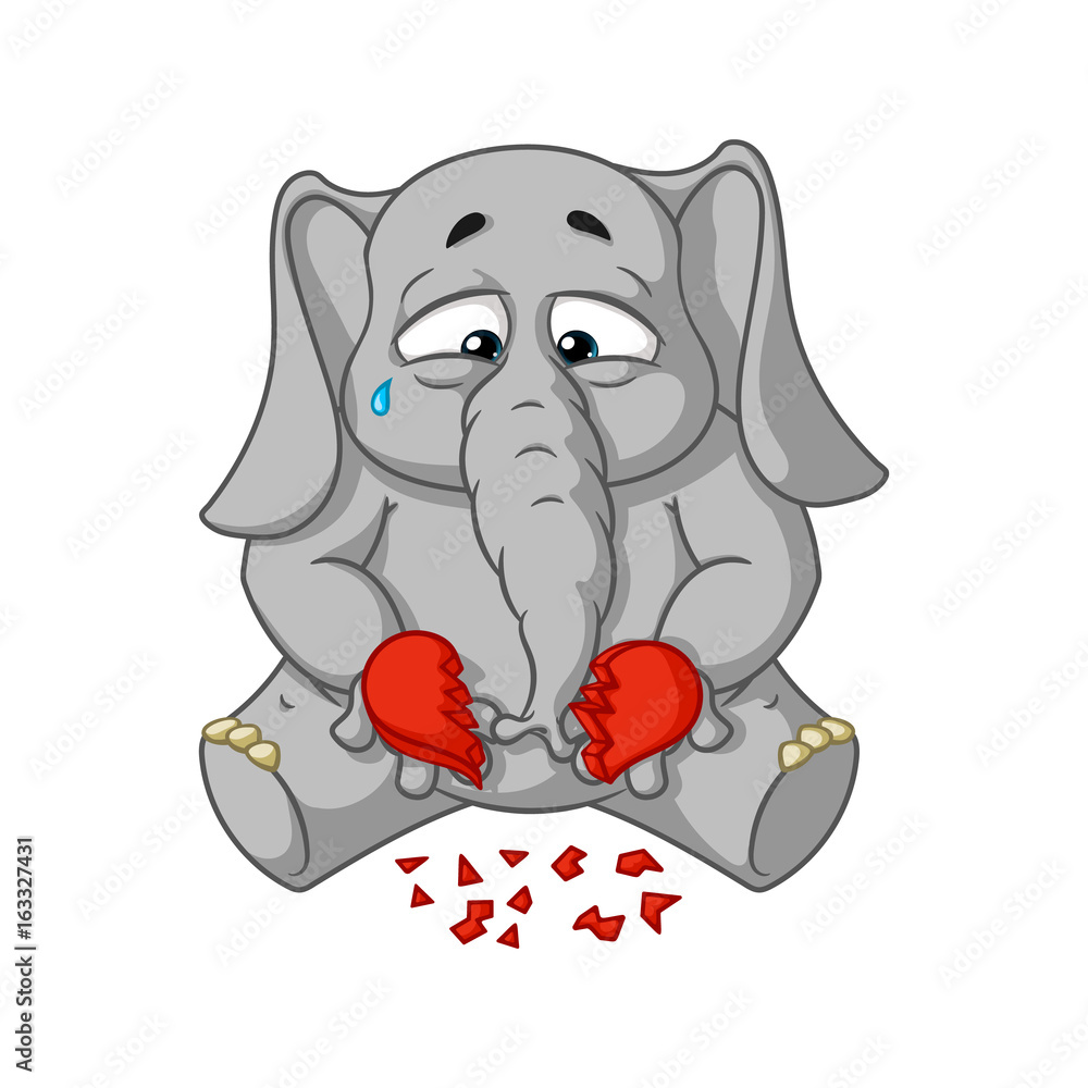 Fototapeta premium Elephant. Character. Broken heart in his hands. Big collection of isolated elephants. Vector, cartoon.