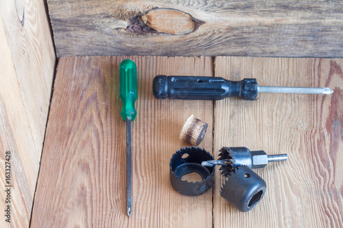 Carpentry tools on a wooden table top