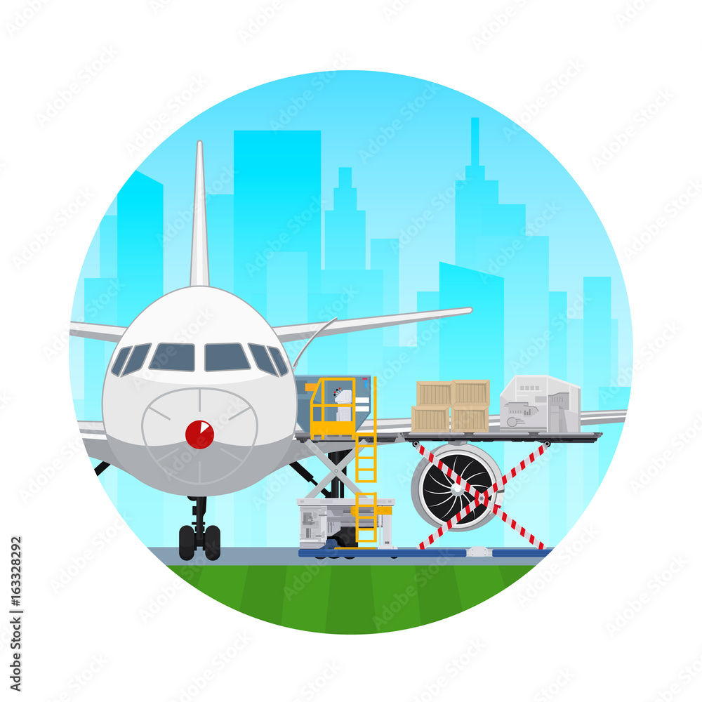 Air Cargo Services and Freight, Icon Airplane with Autoloader at the Airport on the Background of the City , Unloading or Loading of Goods into the Plane, Vector Illustration